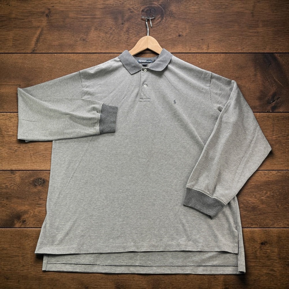 Vintage Polo Ralph Lauren Mens XXL Grey Striped Long Sleeve Rugby Polo Shirt